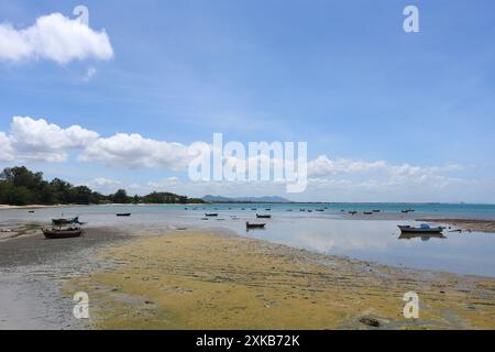 Diverse piccole barche da pesca locali sono ormeggiate sulla costa secca di Samae San, che si trova nella provincia di Chonburi in Thailandia. Foto Stock