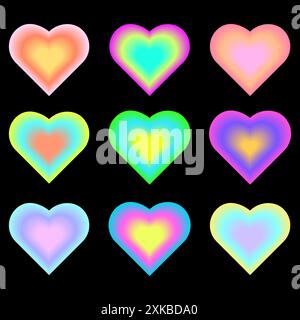 Icone cuore gradiente. Set vettoriale colorato. Simboli d'amore al neon. Vivace design astratto. Illustrazione Vettoriale
