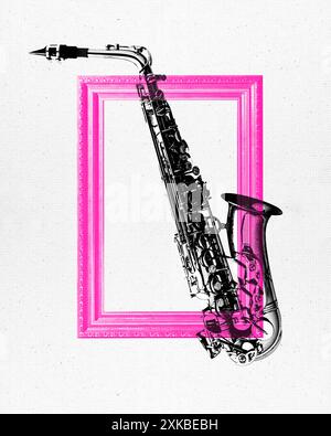 Collage d'arte contemporanea. La musica non ha confini. Sax bianco e nero sovrapposto a una cornice rosa decorata. Opere d'arte surreali. Foto Stock