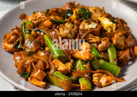 Salato cuscinetto asiatico ammira gli spaghetti alle erbe con pollo e broccoli Foto Stock