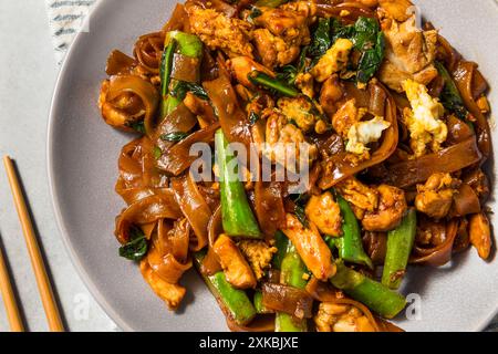 Salato cuscinetto asiatico ammira gli spaghetti alle erbe con pollo e broccoli Foto Stock