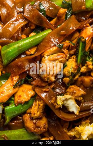 Salato cuscinetto asiatico ammira gli spaghetti alle erbe con pollo e broccoli Foto Stock