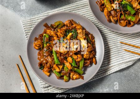 Salato cuscinetto asiatico ammira gli spaghetti alle erbe con pollo e broccoli Foto Stock