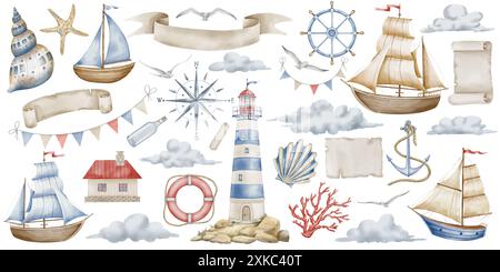 Clipart acquerello con barca a vela e Lighthouse for Baby design in stile nautico. Disegno di Beacon e navi in colori blu pastello e beige su sfondo isolato. Set marino per bambini per bambini. Foto Stock