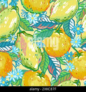 Disegno vettoriale di frutti vivaci senza cuciture. Illustrazioni di agrumi, arance, fiori e limoni luminosi Illustrazione Vettoriale