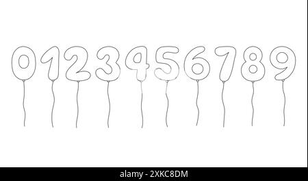 Le bollature numerano il set di scarabocchi vettoriali. Delineare i palloncini dell'elio isolati su sfondo bianco. Cifre gonfiabili da 0 a 9 sulla stringa per compleanno, vendita Illustrazione Vettoriale
