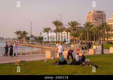 Persone arabe che si divertono sull'erba nel parco di Jeddah sul lungomare (al Hamra Corniche) durante la calda serata in Arabia Saudita. Foto Stock