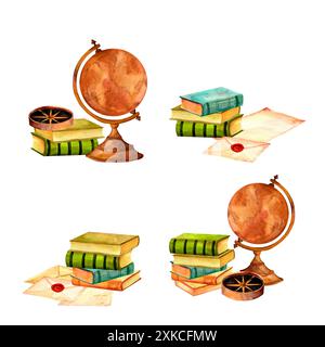 Strumenti di navigazione composizioni impostate con un globo e libri. Illustrazione vintage acquerello in tonalità calde isolata su sfondo bianco per scrapbookin Foto Stock