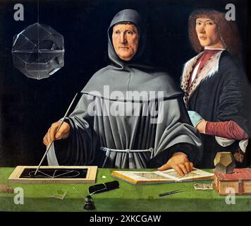 Luca Pacioli. Ritratto del matematico italiano e frate francescane, fra. Luca Bartolomeo de Pacioli (a volte Paccioli o Paciolo; c. 1447-1517). Dipinto intitolato, ' Ritratto di Luca Pacioli (1445-1517) con uno studente (Guidobaldo da Montefeltro?)' Di Jacopo de' Barbari. olio sul pannello, 1495 Foto Stock