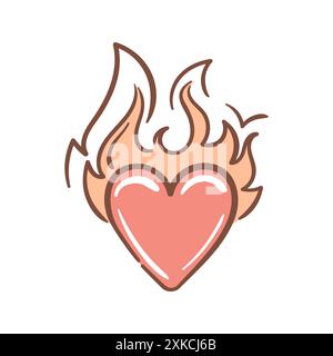 Cuore splendente in fiamme. Illustrazione vettoriale in stile anni '2000. Fiamma. Estetica degli anni '90, '00 Peach Fuzz a colori alla moda. Per adesivo, elemento di design. Illustrazione Vettoriale