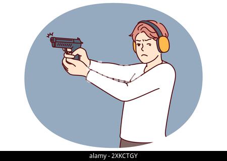 L'uomo con la pistola si allena al campo di tiro per imparare a sparare e diventare sceriffo o guardia del corpo. Guy in cuffie balistiche tiene la pistola e gli squint per colpire il bersaglio durante l'allenamento nel campo di tiro Illustrazione Vettoriale