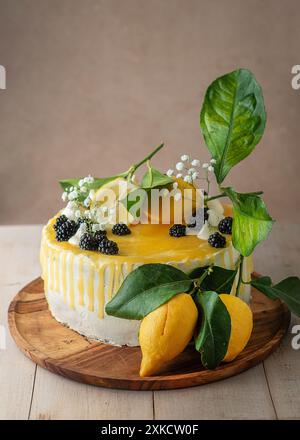 Torta al limone, splendidamente decorata con limoni e foglie. Compleanno, torta nuziale. Foto Stock