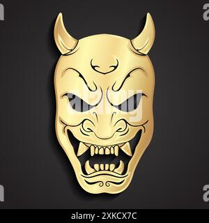 demonio faccia oni maschera simbolo dorato Illustrazione Vettoriale
