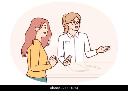 Donna che lavora alla reception in hotel o salone di bellezza consulta il cliente, aiuta a scegliere l'estetista e la procedura migliore. Ragazza visita clinica di cosmetologia si trova vicino alla reception con amministratore Illustrazione Vettoriale