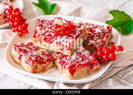 Pezzi di torta estiva con ribes rosso su sfondo bianco e grigio Foto Stock