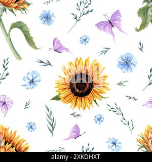 Girasoli, cicoria, erbe e farfalle. Fiori estivi con insetto rosa fluttuante. Motivo senza cuciture con fiori selvatici di prato. Acquerello Foto Stock