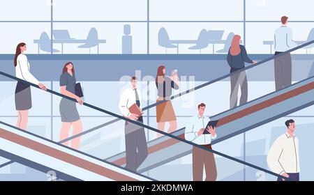 Business center. Gli impiegati si spostano su scale mobili in alto e in basso. Edificio amministrativo e zona di coworking. I manager lavorano in un'illustrazione vettoriale scomoda Illustrazione Vettoriale