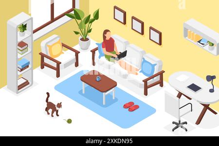 Libero professionista isometrico in funzione. Donna seduta sul divano e che lavora con un computer portatile. Lavoro nel fine settimana, donna d'affari che usa Internet. Scenografia vettoriale accogliente e impeccabile Illustrazione Vettoriale