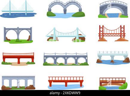 Ponti sul paesaggio naturale. Ponte sul fiume Canals creek. Elementi di architettura urbana, costruzioni moderne e piatte progettano un insieme vettoriale ormai esistente Illustrazione Vettoriale