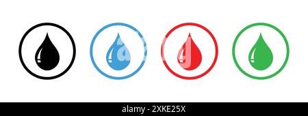 Set vettoriale goccia d'acqua in colori diversi, illustrazione del modello di progettazione del contorno. Acqua, icona goccia di sangue. Icona liquido, sangue e goccia d'acqua. Design piatto. Illustrazione Vettoriale