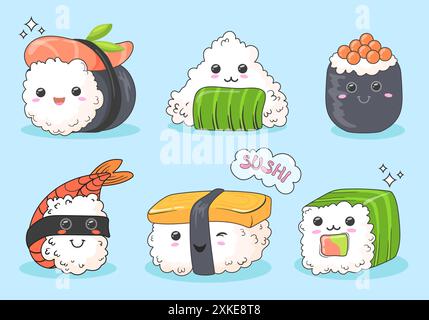 Sushi rotola i personaggi kawaii. Sushi sorridente simpatica e divertente mascotte, involtini di pesce con salsa di alghe di riso salmone sorriso faccia di cibo asiatico personaggio comico di doodle, grafica vettoriale ordinata degli autori Illustrazione Vettoriale