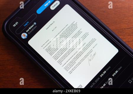 Vancouver, CANADA - 22 luglio 2024 : il post di Joe Biden su X con una lettera ai cittadini americani. Joe Biden ha annunciato la sua decisione di non chiedere la rielezione. Foto Stock