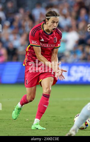 20 luglio 2024: L'attaccante Nokkvi Porisson (29) del St. Louis City SC reagisce all'azione di gioco durante una partita contro lo Sporting Kansas City al Childrens Mercy Park di Kansas City, Kansas. David Smith/CSM Foto Stock