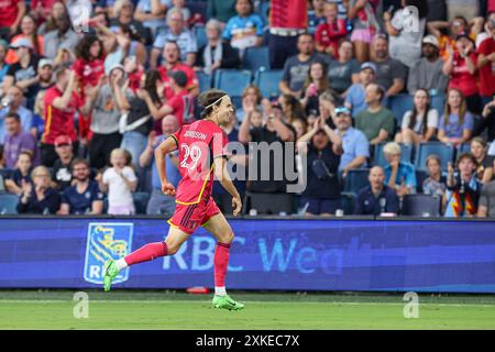 20 luglio 2024: L'attaccante del St. Louis City Nokkvi Porisson (29) reagisce al suo primo gol nel primo tempo contro lo Sporting Kansas City al Childrens Mercy Park di Kansas City. David Smith/CSM Foto Stock