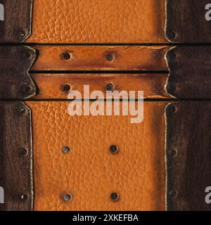 Foto con texture 4K senza cuciture di colore marrone usato, materiale in pelle armatura bruciata e resistente agli agenti atmosferici con unghie. Foto Stock
