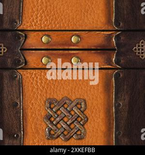Foto con texture 4K senza cuciture di materiale in pelle armatura vichinga graffiata, bruciata e intemprata di colore marrone con chiodi, rivetti e rune. Foto Stock