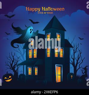 Felice Halloween ha infestato la casa di notte con la luna piena, pipistrelli volanti, pietre tombali e zucche spaventose Illustrazione Vettoriale