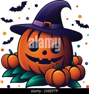 Carino Happy Halloween Clipart o distintivo. Mazza volante con zucca che indossa un'illustrazione del cappello della strega Illustrazione Vettoriale