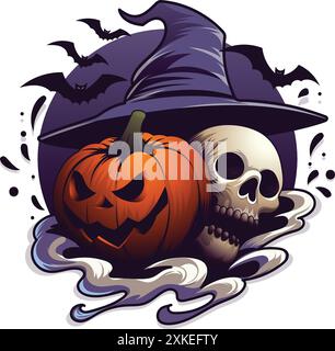 Buon Halloween Clipart o badge. Cappello da strega, zucca, mazza volante e illustrazione spaventosa del cranio Illustrazione Vettoriale