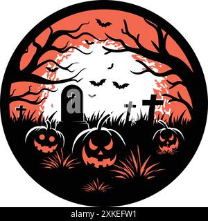 Adesivo o distintivo di Happy Halloween, paesaggio del cimitero notturno arancione con alberi, pietre tombali e zucche spaventose Illustrazione Vettoriale