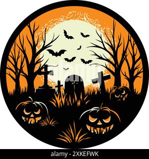 Badge o etichetta di Happy Halloween, paesaggio del cimitero con alberi, lapidi e zucche spaventose Illustrazione Vettoriale