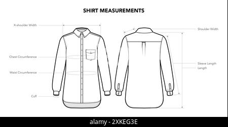 Set di misure camicia, lunghezza, larghezza, circonferenza, illustrazione tecnica alla moda. Modello abbigliamento piatto, vista anteriore, posteriore. Donne, uomini, CAD unisex, mockup isolato su sfondo bianco Illustrazione Vettoriale