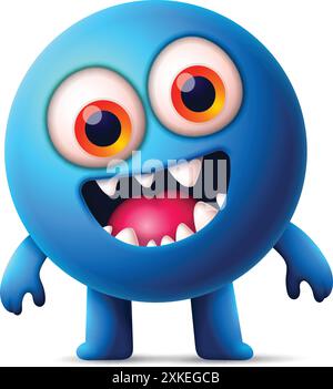 Blue Cartoon Monster simpatici mostri felici halloween con grandi occhi rigonfiati, sorridenti con denti e zanne Illustrazione Vettoriale