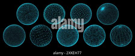 globo sferico 3d, griglia e struttura a reticolo. Sfere di rete vettoriale, globi planetari e sfere con telai blu neon. Forme geometriche in mesh retro-tech Illustrazione Vettoriale