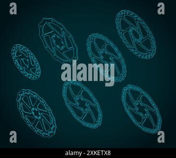 Illustrazione vettoriale stilizzata dei set di disegni isometrici dei freni a disco per biciclette Illustrazione Vettoriale