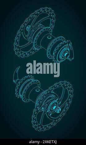 Illustrazione vettoriale stilizzata di disegni tecnici isometrici di un mozzo posteriore di una bicicletta Illustrazione Vettoriale