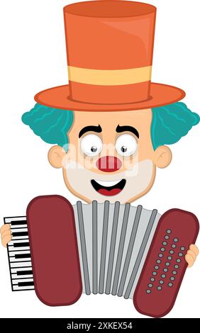 illustrazione vettoriale personaggio clown cartoni animati, suonando fisarmonica con strumento musicale Illustrazione Vettoriale