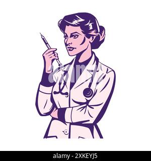 Il personaggio del Dottore donna ha un'illustrazione del vettore dell'ago di iniezione Illustrazione Vettoriale