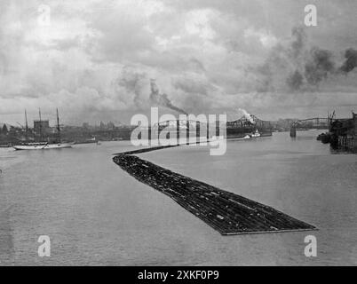 Portland, Oregon c. 1910 zattere di legno trasportate sul fiume Willamette su un rimorchiatore a ruote a poppa. Notare il ponte girevole Morrison che si è aperto per consentire il passaggio del rimorchiatore. Foto Stock