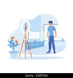 Un uomo adulto sta sorridendo davanti alla telecamera all'interno della casa. Presentazione di qualcosa tramite una chiamata al telefono cellulare. Concetto di creazione di contenuti. trend modern v Illustrazione Vettoriale