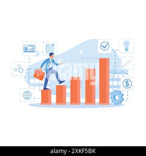 Un uomo d'affari sale le scale portando una valigetta sullo sfondo di icone del business. Concetto di sviluppo professionale. trend modern vector flat illustr Illustrazione Vettoriale