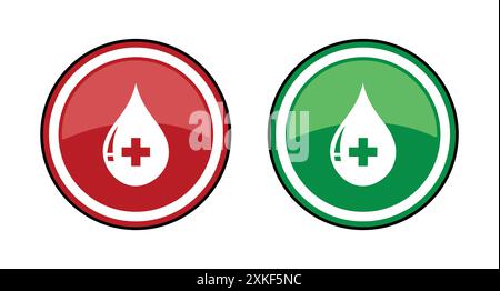 Logotipo del simbolo della goccia di sangue. Donare gocce di sangue con segno incrociato. Concetto di donatore. Design piatto. Simbolo medico. Set di icone con logo a goccia di sangue. Illustrazione Vettoriale