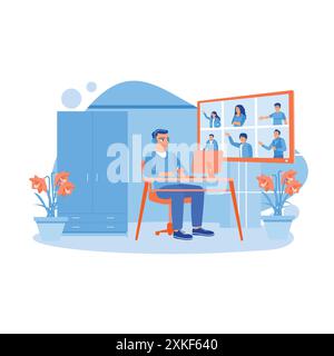 Uomo di mezza età che festeggia un compleanno a casa. Effettua chiamate online con amici e parenti utilizzando un computer. Concetto di relazioni virtuali. m. trend Illustrazione Vettoriale