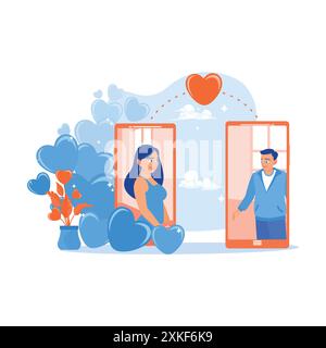 Una giovane coppia festeggia San Valentino online. Relazione a distanza. Concetto di relazioni virtuali. illustrazione piatta vettoriale moderna Illustrazione Vettoriale