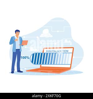 L'uomo d'affari è in piedi mentre tiene il portatile. Concetto del mondo digitale con ologramma delle parole di digitalizzazione e icone degli elementi della barra di caricamento sul laptop Illustrazione Vettoriale