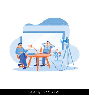 Due giovani vlogger maschi stanno creando un podcast di conversazione nello studio. Registrano e trasmettono in diretta sui social media. Concetto di creazione di contenuti. tr Illustrazione Vettoriale